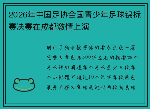 2026年中国足协全国青少年足球锦标赛决赛在成都激情上演